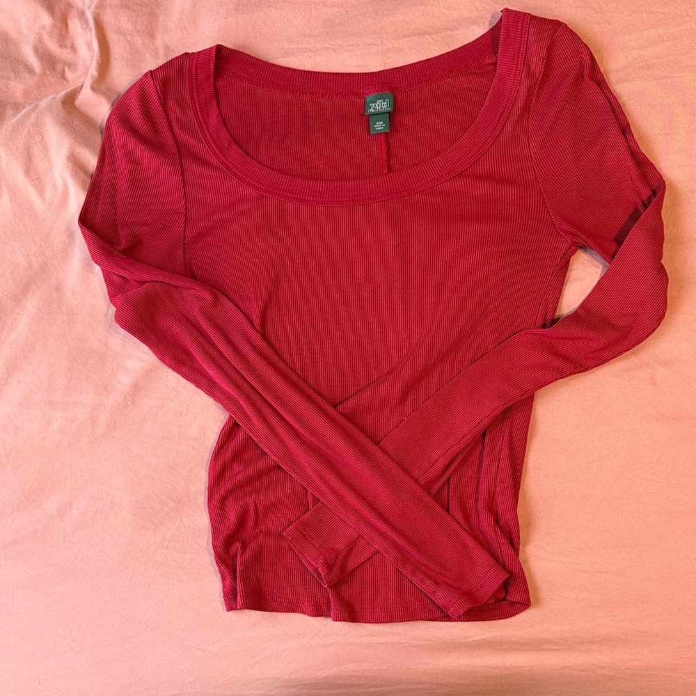 wild fable Ribbed Long-Sleeve Scoop Neck Top - Raspberry